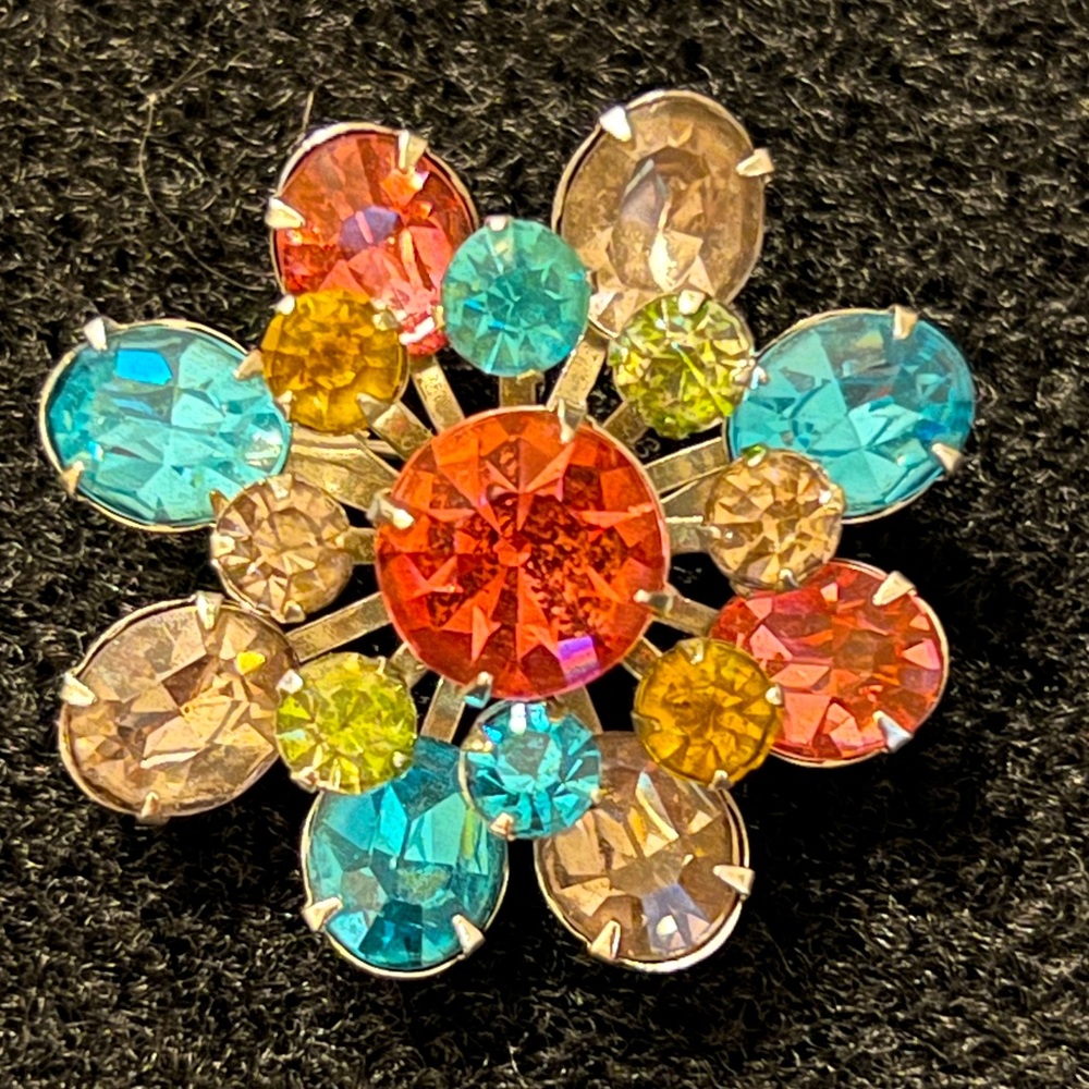 Absolutely gorgeous “fruit salad” stamped Coro rhinestones brooch.